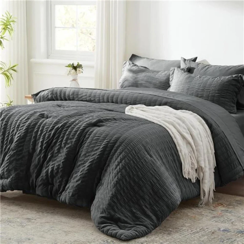 New Full Comforter Set 7 Pieces, Dark Grey Seersucker Bed in a Bag